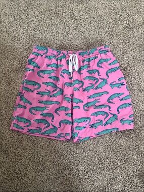 Chubbies Pink Swim Trunks with Teal Alligator Print